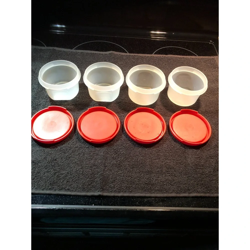 Tupperware Containers Modular Mates Round  Set of 4 - 7 oz #1605 Red Lid #1607
